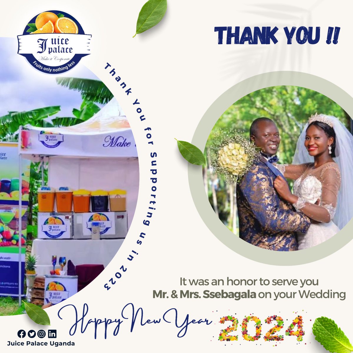 JuicePalaceug's tweet photo. Kudos to you for hiring us in 2023
We wish you a fantastic fruity new year 2024 full of Joy, Merry not forgetting party times to make it Corporate with you.

JUICE Palace Uganda
#juicepalaceug
#depalacecoffee 
#mikoloug 
#weddings 
#mywedding 
#brideandgroom https://t.co/vAMDGi7VVz