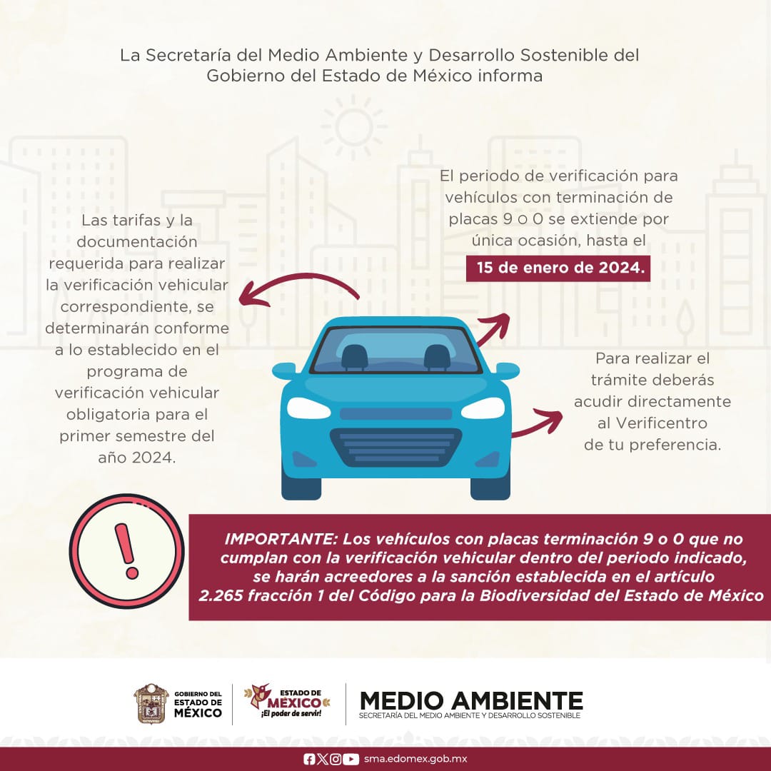 lopezdoriga's tweet photo. #ÚLTIMAHORA 

Debido a la escasez de hologramas, la Secretaría del Medio Ambiente del Estado de México confirma que el período de verificación para vehículos terminación 9 o 0 se extiende, por única ocasión, hasta el 15 de enero de 2024 https://t.co/Y8w3s1E25a