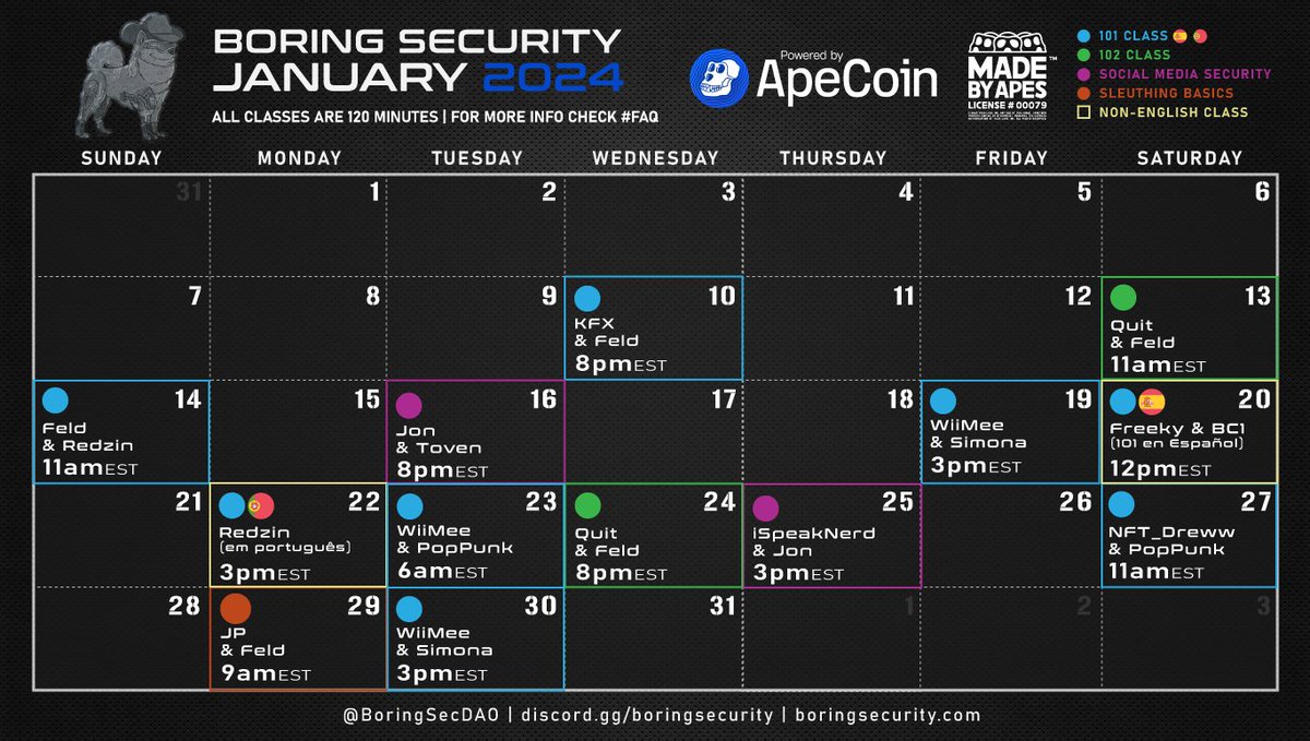 BoringSecurity's tweet image. The January Calendar is here!

A Show and Tell will be added mid/late Jan! We will reply to this tweet when its added!

Sign-ups are in our Discord in the Class-Signups channel, and are made available 3-7 days before the class, depending on the class!

Happy New Year!