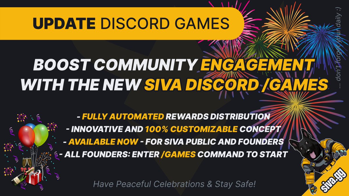 🎮 Power up your Discord experience! 🚀 Introducing the NEW SIVA /Games: where innovation meets customization! 🌟 Founders, let's kick off the New Year with automated rewards and endless fun! 🎉 Type /games and join the celebration! 🎊 #Discord #NewYearJoy