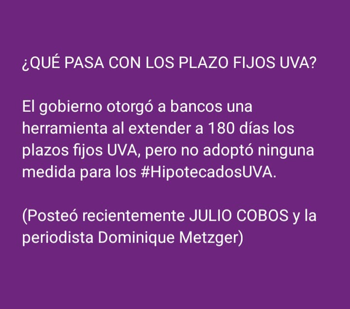 Estarían de acuerdo en pedir al <a href="/BancoCentral_AR/">BCRA</a> q a los #HipotecadosUVA también le paguen al banco con una actualización cada 6 meses? <a href="/BancoNacion/">Banco Nación</a> <a href="/bancoprovincia/">Banco Provincia</a> <a href="/JCuattromo/">Juan Cuattromo</a> <a href="/DanielTillard/">Daniel Tillard</a>  <a href="/dominiquemetz/">Dominique Metzger</a> <a href="/juliocobos/">Julio Cobos</a> <a href="/SoyPaganiok/">Horacio Pagani</a> <a href="/AliciaCastroAR/">Alicia Castro</a> <a href="/fmercuriali/">Franco Mercuriali</a>