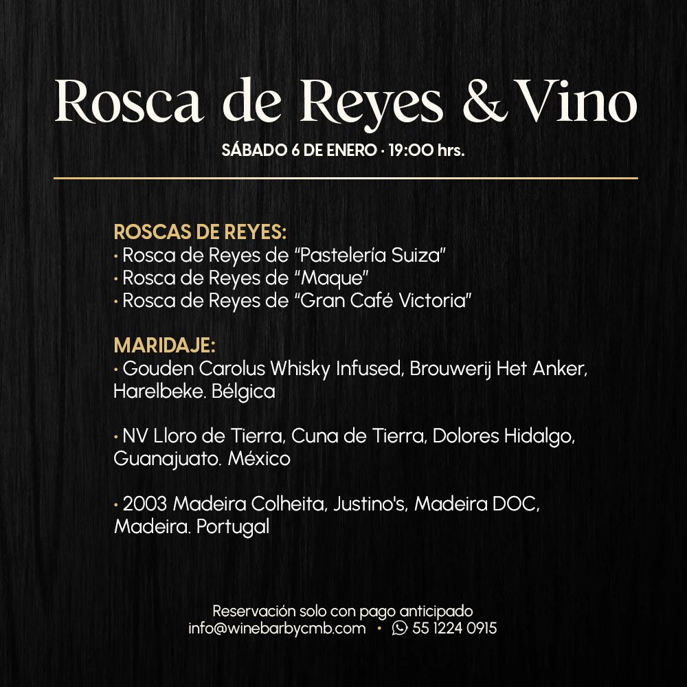 ¡Queridos amigos, nuestro primer evento de 2024 ya está listo!

Tendremos una cerveza belga, una mistela mexicana y un  Madeira de 2003 que no se consigue en México; acompañado de 3 roscas de reyes. 🤴🏻🤴🏽🤴🏿

¡No te la puedes perder! 
Reservación sólo con pago anticipado