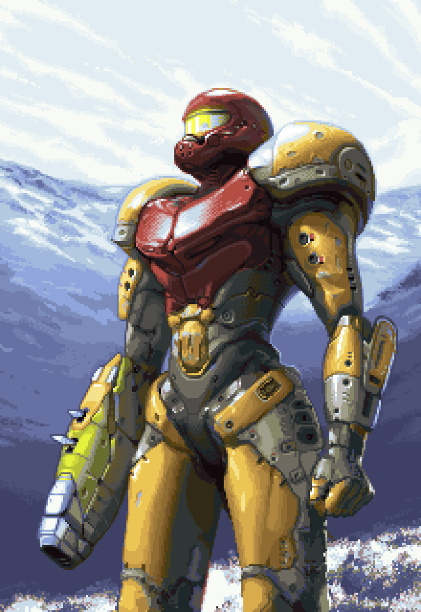 Samus Aran from #Metroid First shown on @pixeljoint. Sculpted in Zbrush and then pixeled in photoshop + asesprite The illustrious @the_ptoing offered to do a pass on the pixeling which was an honor. This is the result. Hope you enjoy! RTs MUCH appreciated 🙏🖤 #pixelart