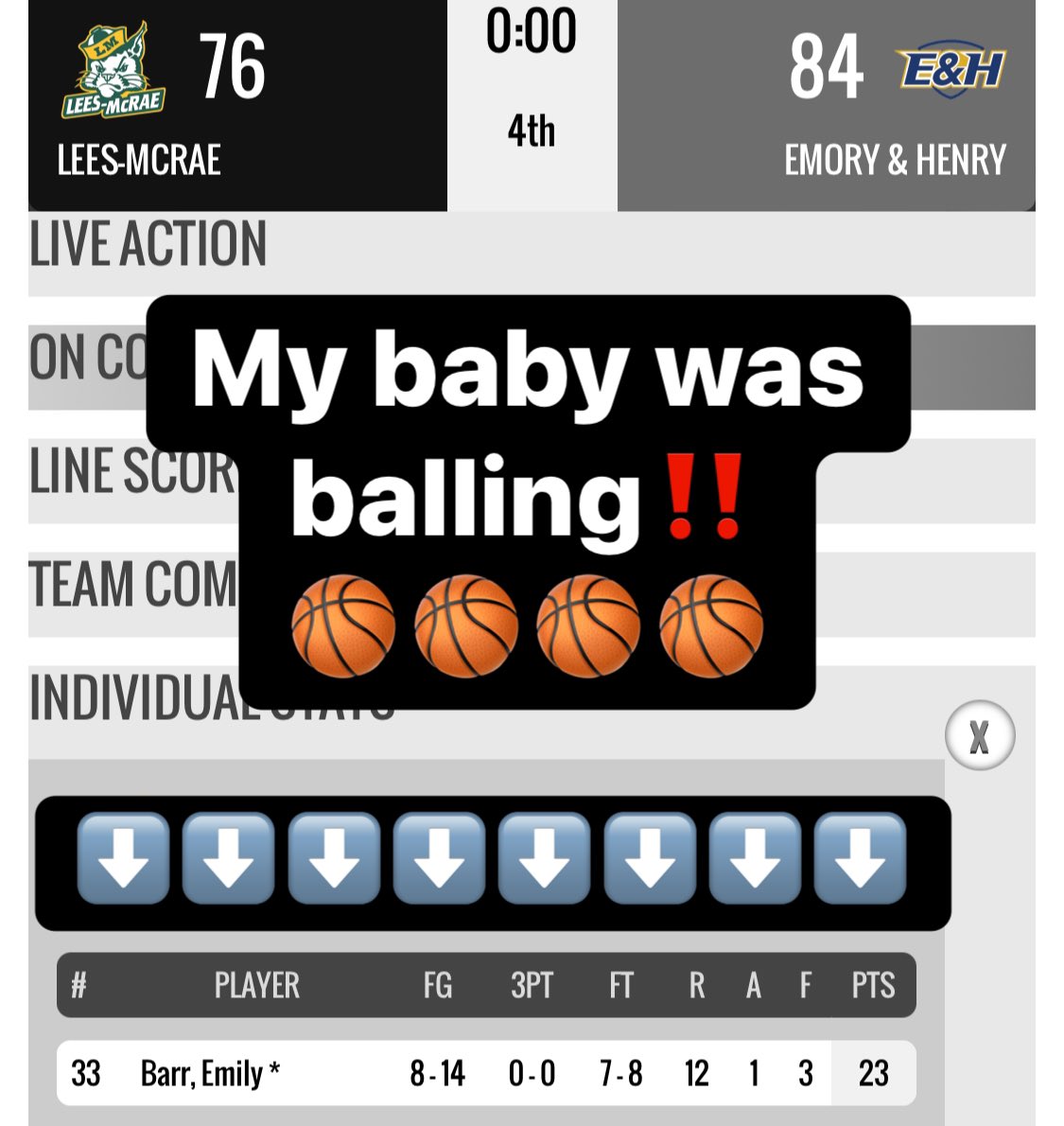 Natural_Lady74's tweet photo. I know she would rather have a WIN, BUT my baby @Ebhoops1 was balling today!!! She plays on BOTH sides of the court‼️Great game ladies!! #Girls🏀2 #33 #AnotherDoubleDouble #23points #LMC @LMCWBB @ConfCarolinas https://t.co/ZzGMq7ZkX2