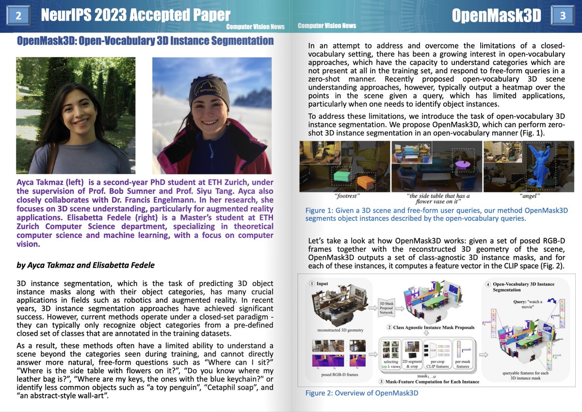 Our open-vocabulary OpenMask3D was featured in the <a href="/RSIPvision/">RSIP Vision</a> Computer Vision News!🗞️🚀
Thanks Ralph🙏

Read the full article by <a href="/aycatakmaz/">Ayça Takmaz</a> and <a href="/efedele16/">Elisabetta Fedele</a> here:
rsipvision.com/ComputerVision…

---

Project: openmask3d.github.io🛋️
Paper: arxiv.org/abs/2306.13631📄
<a href="/NeurIPSConf/">NeurIPS Conference</a>
