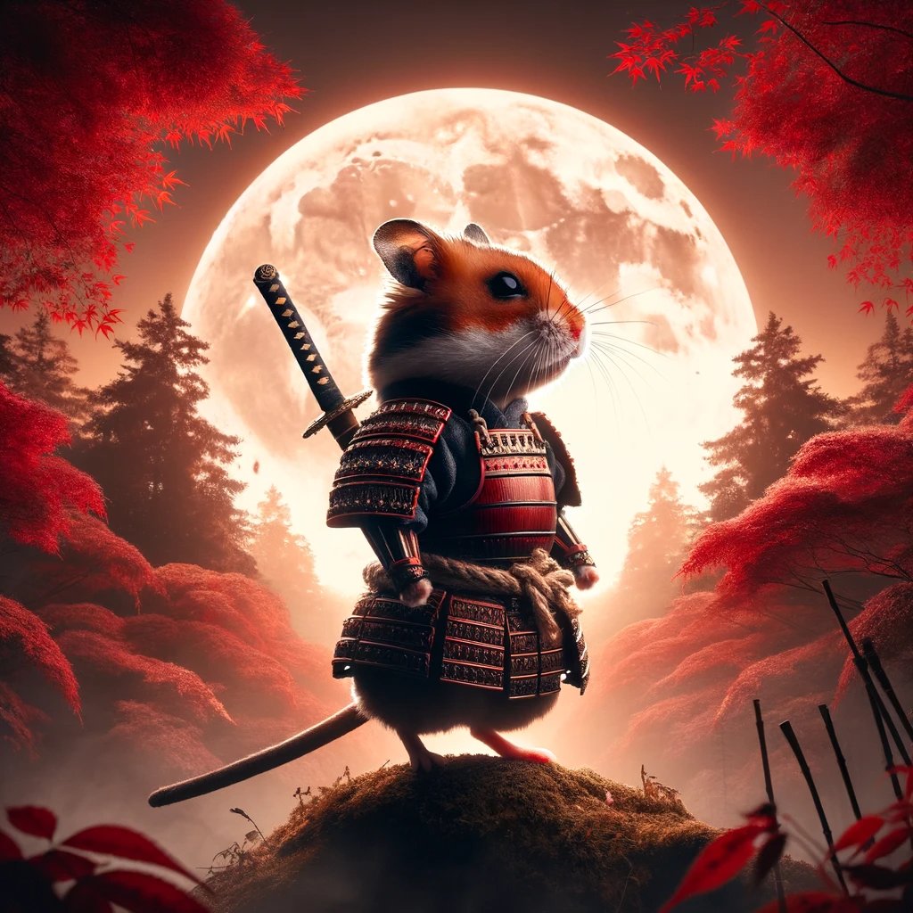 HampterNFT's tweet photo. 🌕Under the luminous glow of the full moon, a valiant Samurai Hamster 👘🐹finds solace in a moment of serene repose, reflecting upon the fleeting moments of the year drawing to a close⚔️ 
 #NFTs #ArtHamster #Samurai #NFTHamsters #AIart #AIArtwork #HamsterCommunity #HamsterGallery https://t.co/YppAfqAlZl