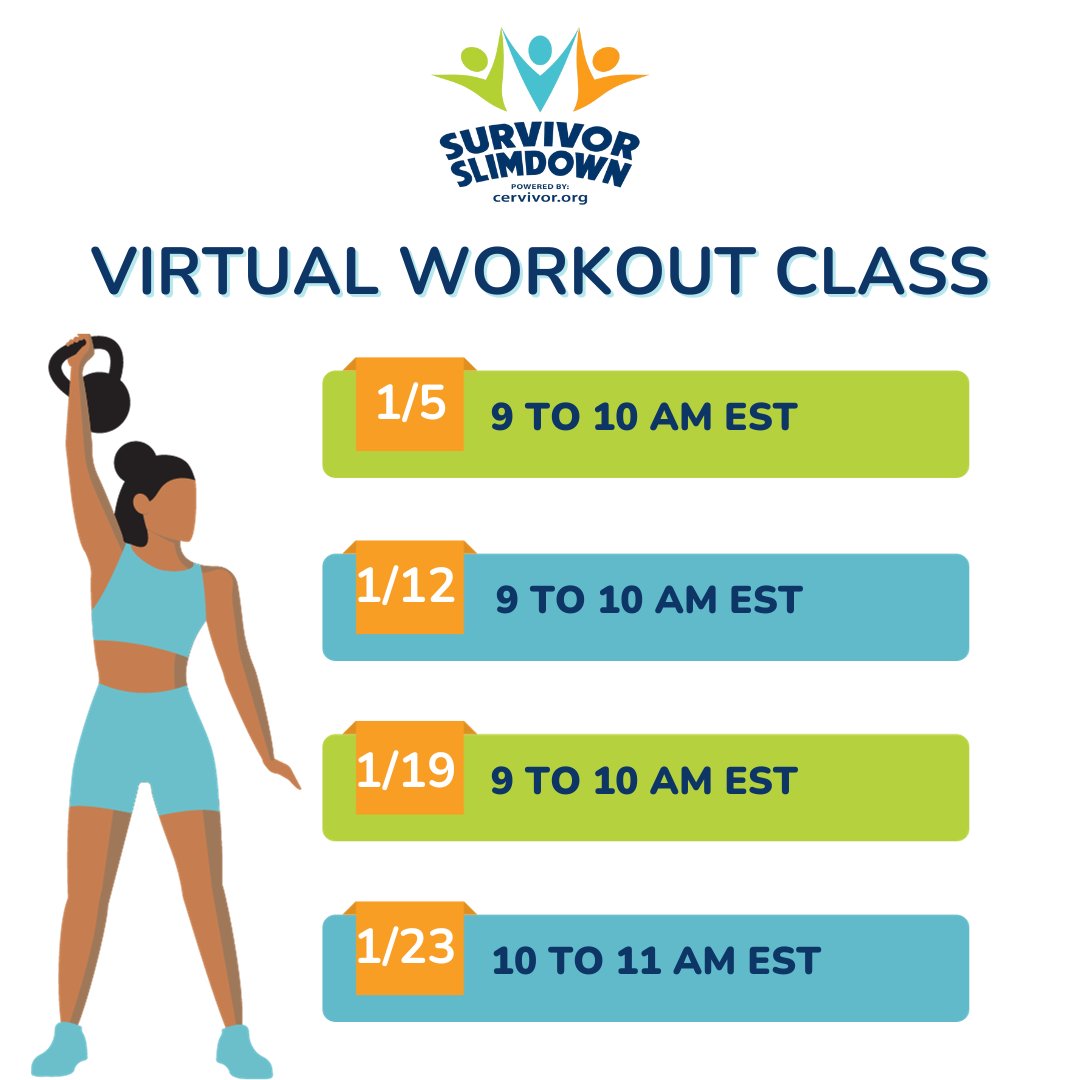 IamCervivor's tweet photo. 🏋️‍♀️ Join us TODAY for #SurvivorSlimdown's virtual workout 9 am - 10 am EST to kickstart the new year! Our Cervivor Wellness Instructor, @pattiny1 leads this session designed for strength and empowerment. Register now https://t.co/4jpry7XHkN. #Cervivor #NewYearFitness https://t.co/LvXbyoE7kj