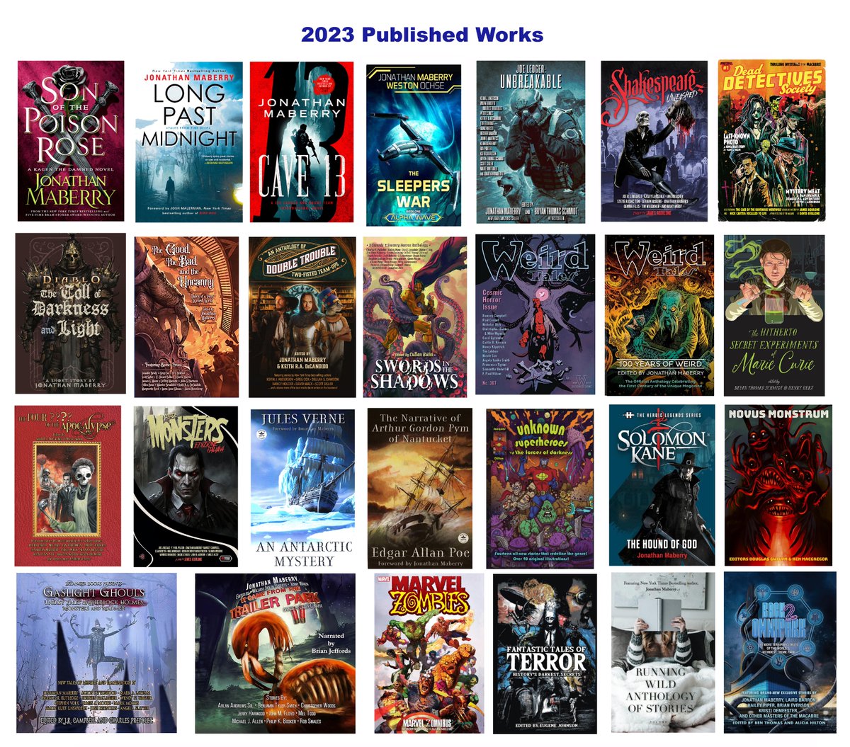 The FINAL tally for works published in 2023. They include novels, short story collections, anthologies I've edited, anthologies in which I have stories, magazines I've edited, books for which I've written forewords, and comics. @Marvel @AethonBooks @blackstonepub @MacmillanUSA