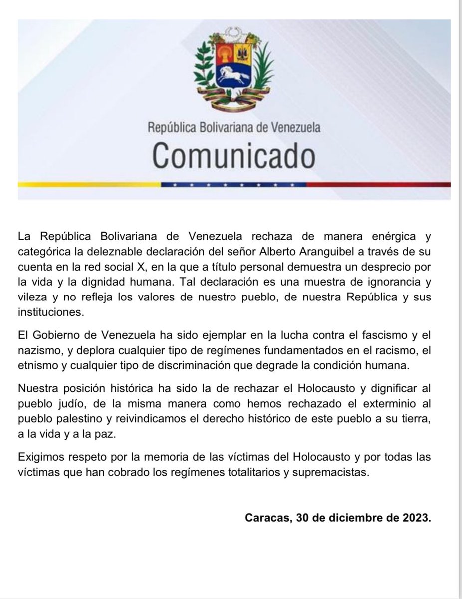 luchaalmada's tweet photo. #Urgente En rechazo a las infames declaraciones personales del señor Alberto Aranguibel, el Gobierno Bolivariano manifiesta su respeto a los mártires judíos, víctimas del abominable Holocausto y reafirma su lucha histórica contra todo tipo de fascismo, nazismo o supremacismo en su forma actual que persigue y extermina a los pueblos por su origen étnico, religioso, nacional o cultural.