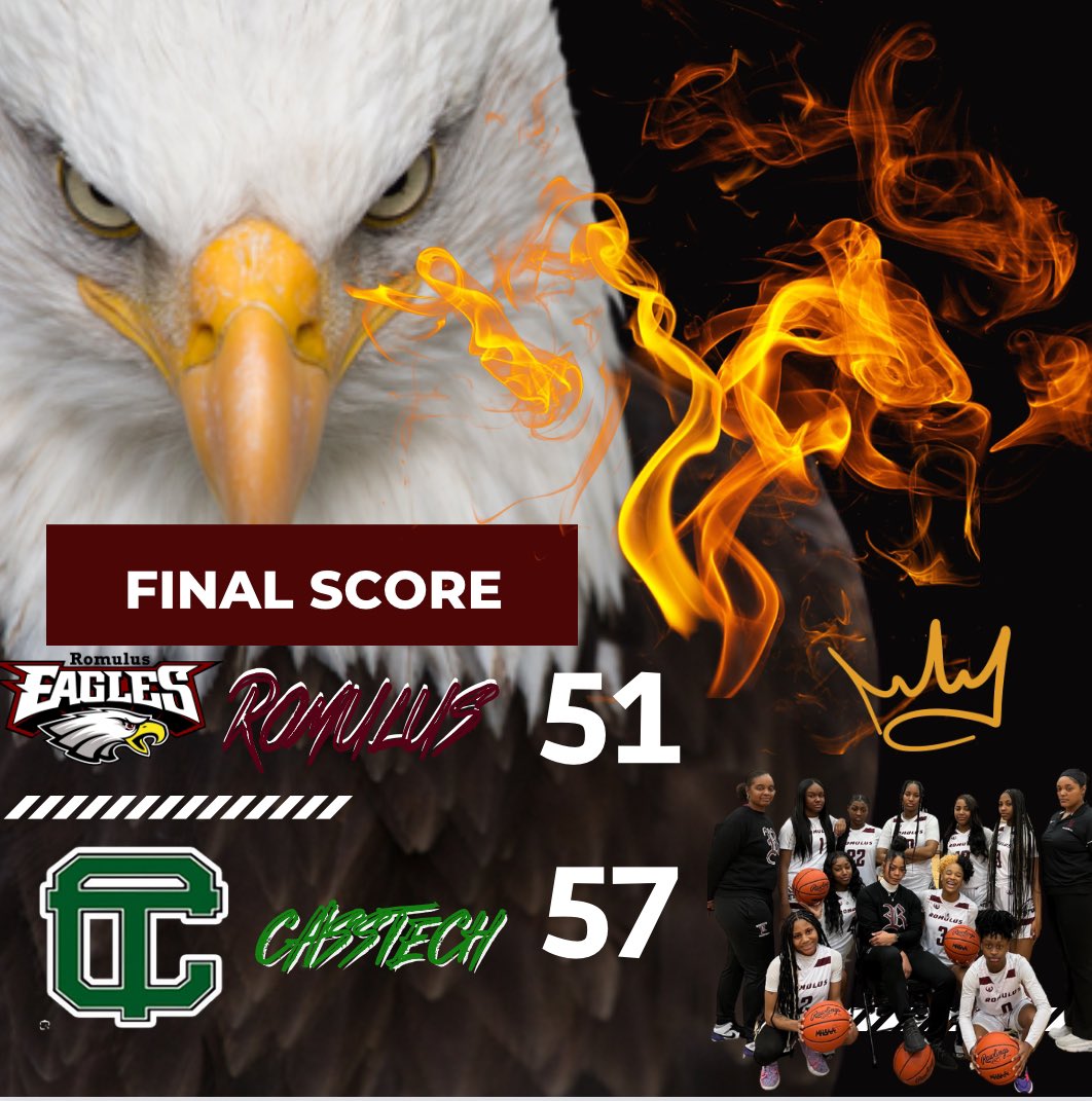 ROMULUS WOMEN’S BASKETBALL (@romulusgirlsbb) on Twitter photo The Lady Eagles fall to the Cass Technicians 51-57 in a battle to the end. Long live the Eagles! 🦅✨
<a href="/KarmaaJ5/">Karma Jones</a> 21 pts, 6 rebs, 5 asst, 2 stl
<a href="/ShakeraJudge/">Shakera Judge</a> 10 pts, 3 rebs
<a href="/robertssaryah/">Sa’Ryah “Rio” Roberts</a> 8 pts, 2 rebs
<a href="/JaredPurcellDET/">Jared Purcell</a> | <a href="/alexwmuller_NH/">Alexander Muller</a> The Lady Eagles fall to the Cass Technicians 51-57 in a battle to the end. Long live the Eagles! 🦅✨
<a href="/KarmaaJ5/">Karma Jones</a> 21 pts, 6 rebs, 5 asst, 2 stl
<a href="/ShakeraJudge/">Shakera Judge</a> 10 pts, 3 rebs
<a href="/robertssaryah/">Sa’Ryah “Rio” Roberts</a> 8 pts, 2 rebs
<a href="/JaredPurcellDET/">Jared Purcell</a> | <a href="/alexwmuller_NH/">Alexander Muller</a>