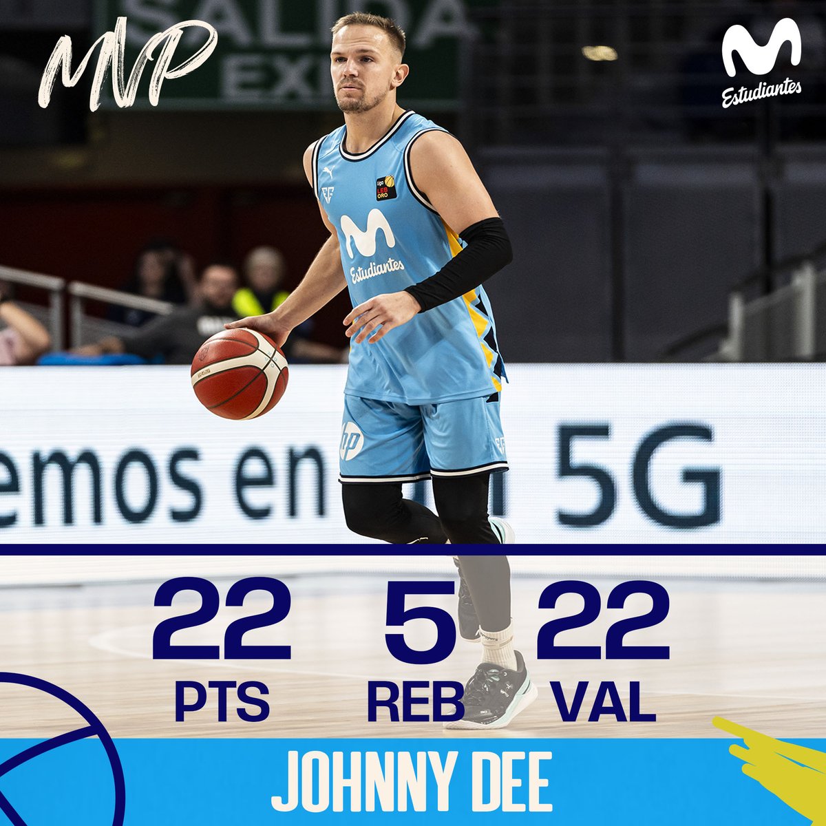 MovistarEstu's tweet photo. MVP: Oh my @dee1Johnny 🎩!

2️⃣2️⃣ puntos
5️⃣ rebotes 
2️⃣2️⃣de valoración

#LongevidaSanPabloBurgosMovistarEstudiantes #LEBOro https://t.co/iJZmfXLaAo