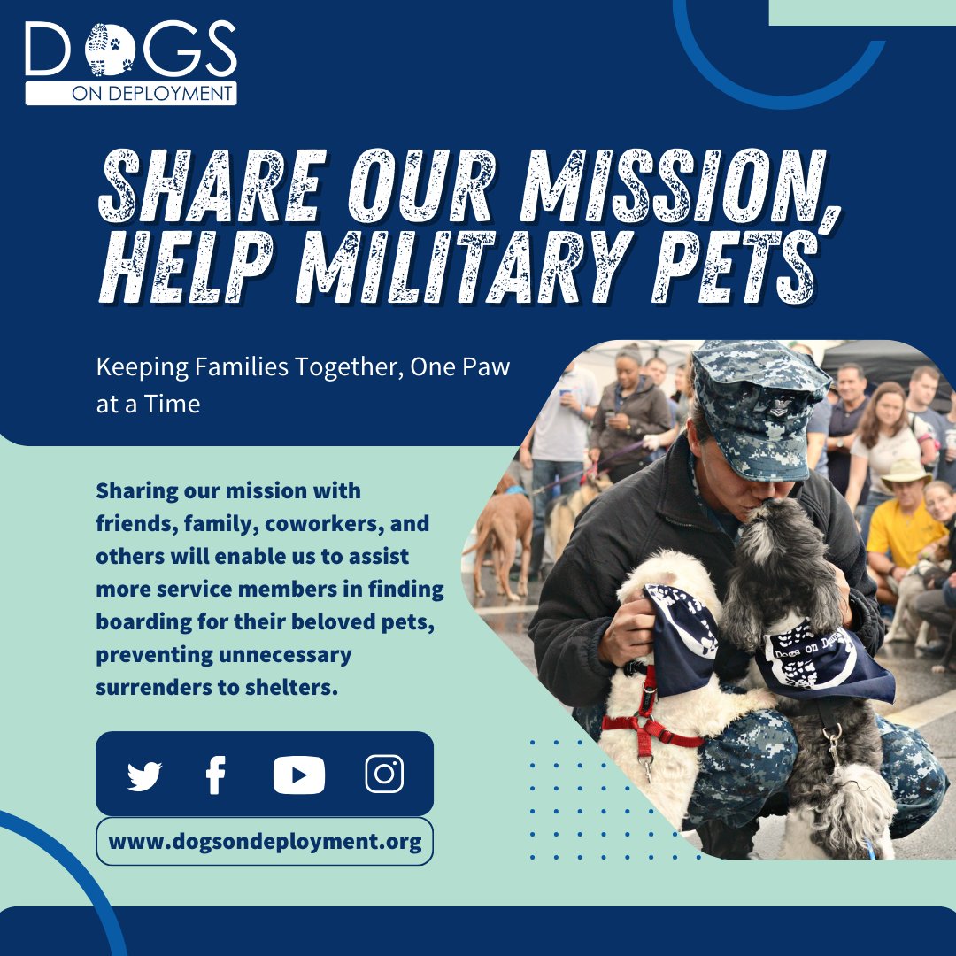 Be a voice for military families and their beloved pets—share Dogs on Deployment's mission with friends, family, coworkers, and others to help keep them together!

#SpreadTheWord #wordofmouth #MilitaryFamily #MilitaryPets #KeepFamiliesTogether #foster #DogsonDeployment