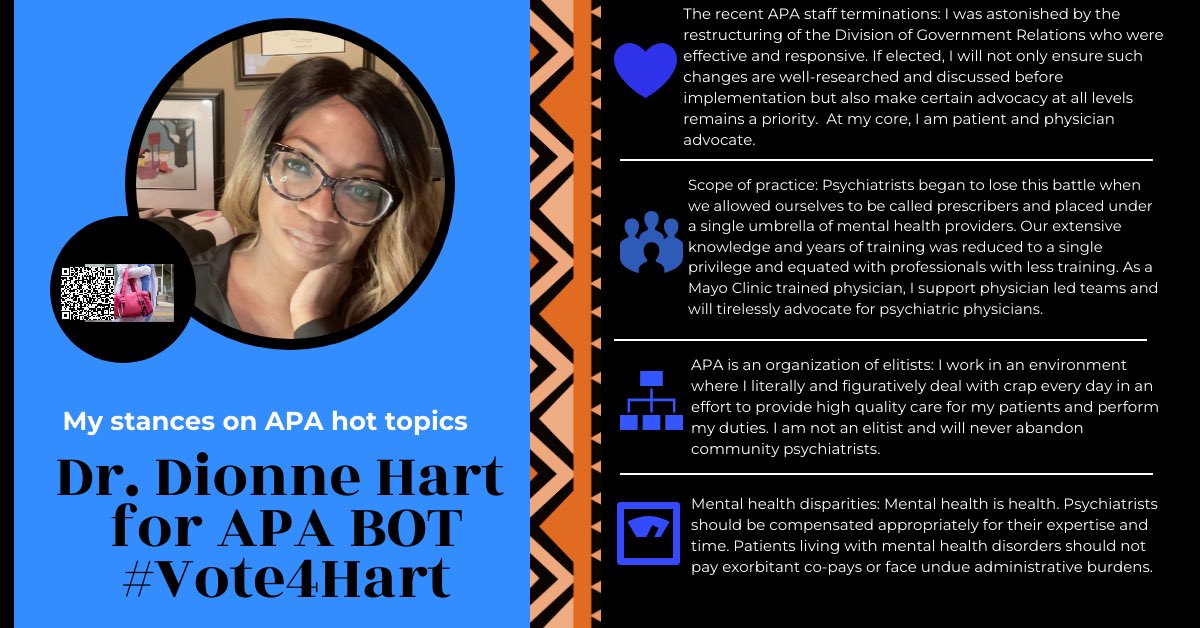 Dionne (@lildocd) on Twitter photo Iām a candidate for <a href="/apapsychiatric/">American Psychiatric Association</a> Board of Trustees, Area 4 Trustee. If elected, I will advocate for patients & psychiatric physicians with passion and compassion. Please support me & encourage your colleagues to vote for me. Polls are open January 2-31. #Vote4Hart Iām a candidate for <a href="/apapsychiatric/">American Psychiatric Association</a> Board of Trustees, Area 4 Trustee. If elected, I will advocate for patients & psychiatric physicians with passion and compassion. Please support me & encourage your colleagues to vote for me. Polls are open January 2-31. #Vote4Hart