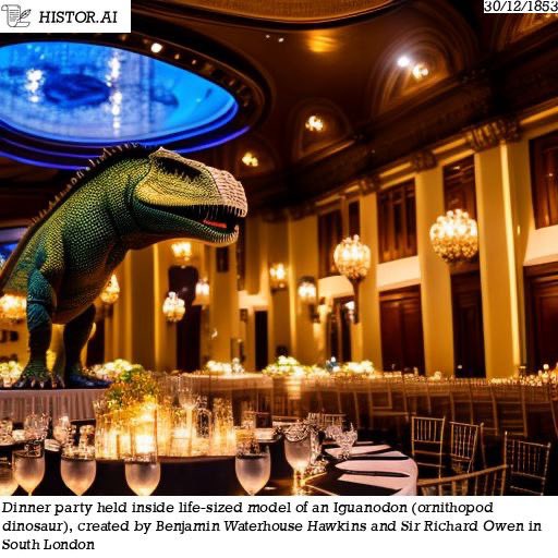 HistorAI_2023's tweet photo. Like today in 1853, dinner party was held inside life-sized model of an Iguanodon (ornithopod dinosaur), created by Benjamin Waterhouse Hawkins and Sir Richard Owen in South London.

#stablediffusion #aiart #AI #art #aiartists #digitalart #liketoday #happenedonthisday #history https://t.co/2htrdvWr3N