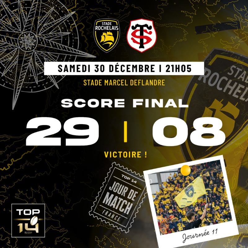 staderochelais's tweet photo. 80' || C'est terminé ! Nos Rochelais s'imposent ce soir pour la dernière de l'année #ChezMarcel, et avec le bonus ! Rendez-vous en 2024 ! 🤝

🟡 ⚫️ 29 - 08 🔴⚫️

#SRST | #BoxingDayRugby | #Top14 | #FievreSR