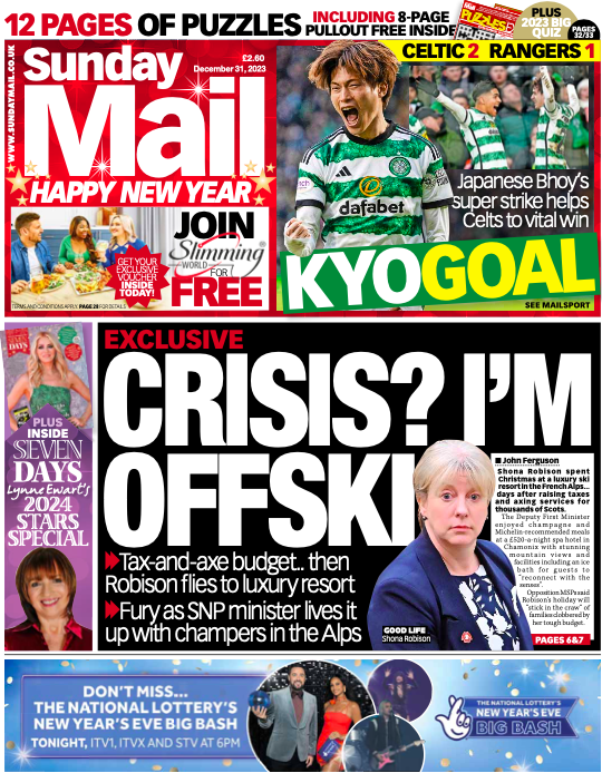 Sunday_Mail's tweet photo. Here's your first look at tomorrow's Sunday Mail front page, which leads on Shona Robison spending Christmas at a luxury ski resort in the French Alps...days after raising taxes and axing services for thousands of Scots.
#TomorrowsPapersToday https://t.co/iJ6Lz5Me7a