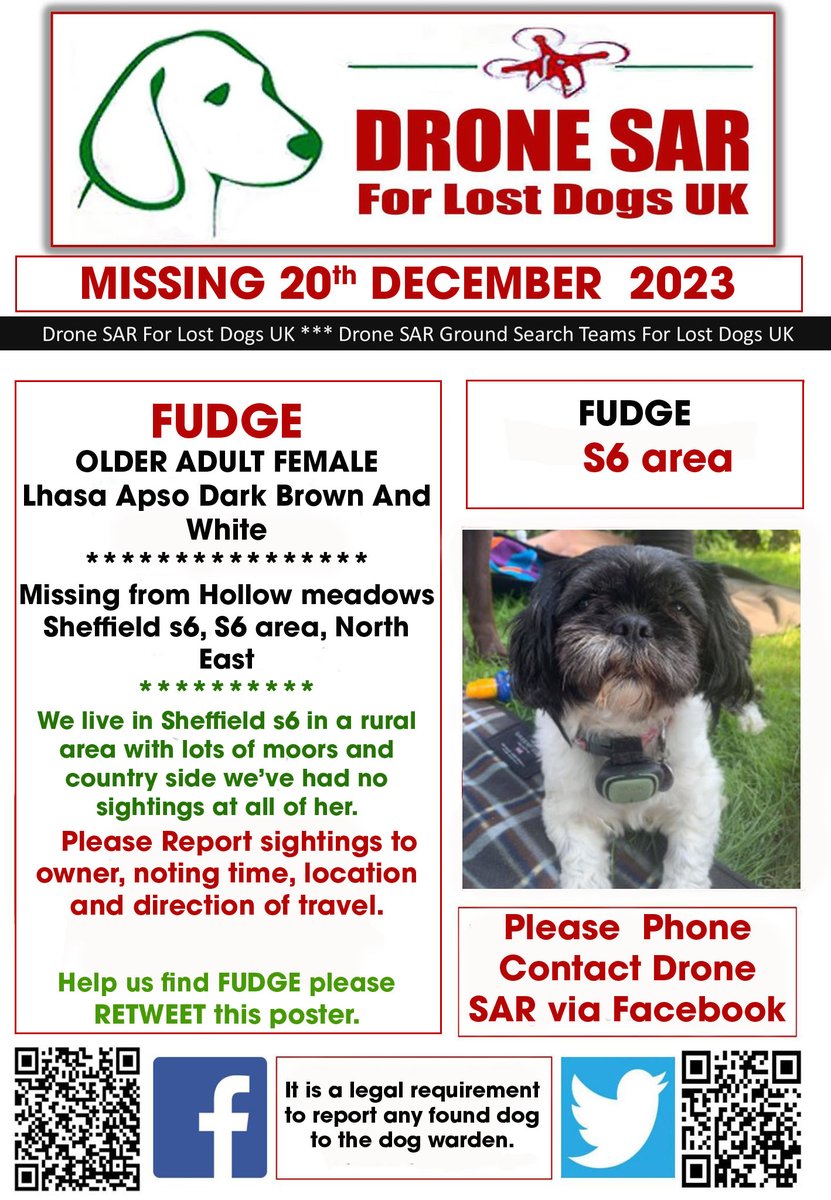 #LostDog #Alert FUDGE
Female Lhasa Apso Dark Brown And White (Age: Older Adult)
Missing from Hollow meadows Sheffield s6, S6 area, North East on Wednesday, 20th December 2023 #DroneSAR #MissingDog