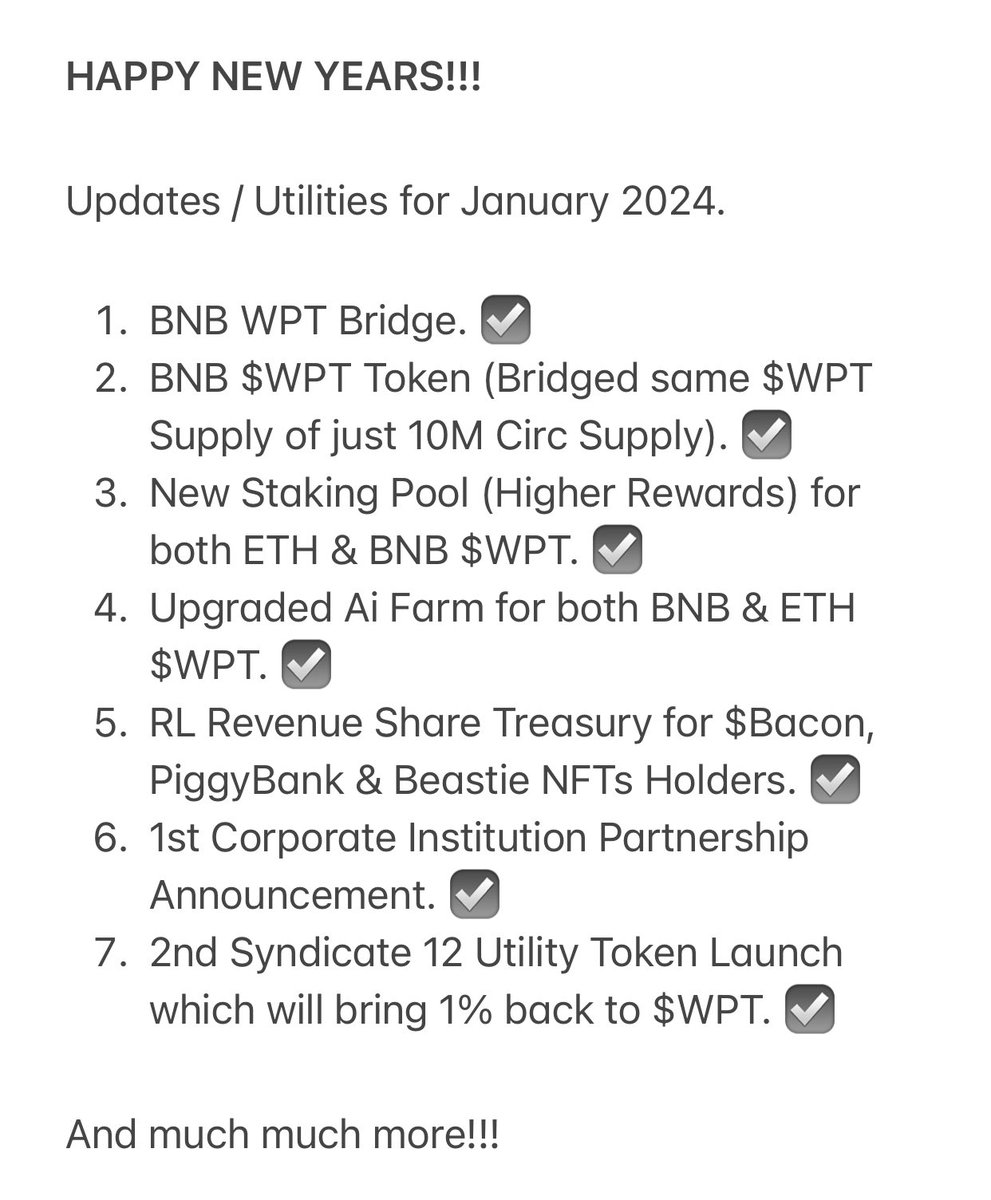 WPTInvesting's tweet photo. Community, It's been a bumpy ride this 2023 but we're still here and wont give up! So much coming to #WPTInvestingCorp this 2024. Join us https://t.co/B0hFzl0IzM

More than $50k in Buy Backs coming this first quarter 2024 alone! #TurnTheTables #Redemption #TheComeUp #ETH #WPT https://t.co/6ow66mrW8n
