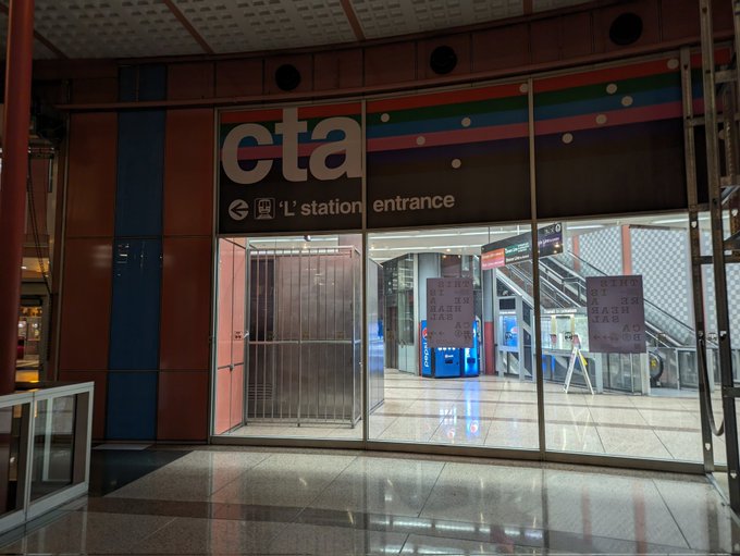 The now-closed CTA station entrance, stylized to show the five lines that transfer here