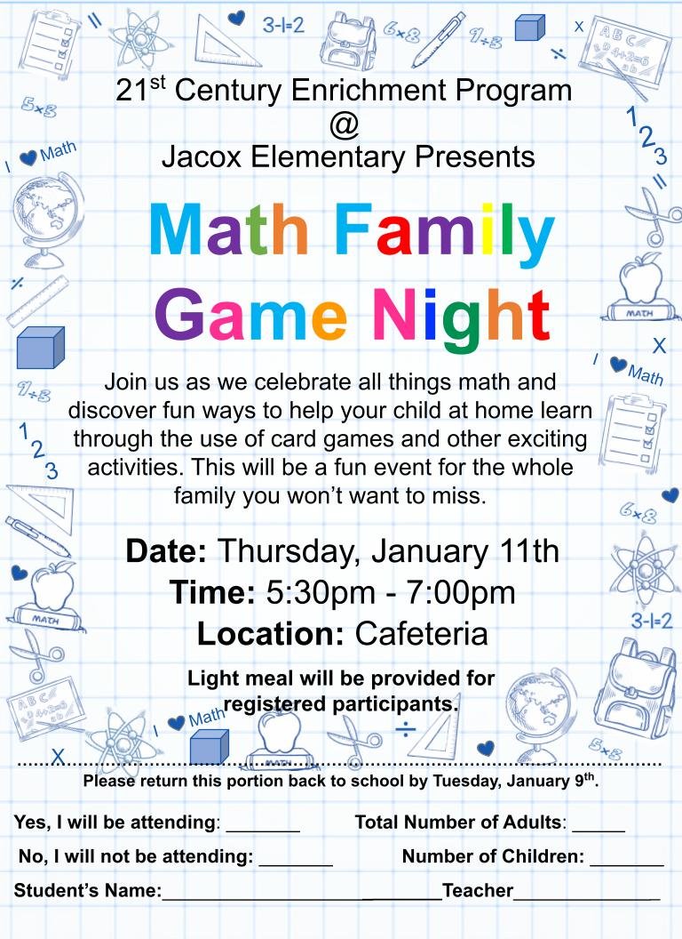 Panda Nation, we hope everyone is enjoying their holiday break. Remember students return on Monday, January 8th and we will have family math game night on Thursday, January 11th at 5:30 p.m.