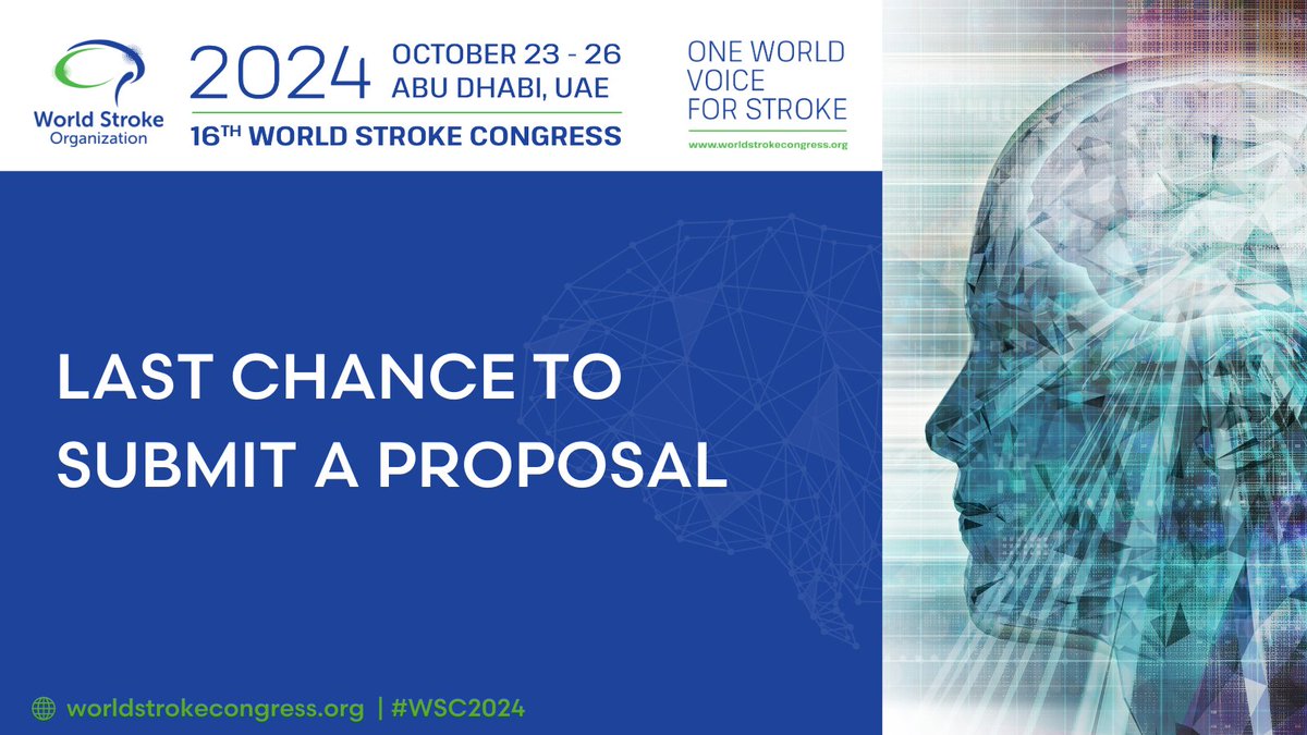 Proposals submission for #WSC2024 closes today! ⏳ This is your final opportunity to shape the future of stroke care and to become a part of the global conversation. 🌐 Submit your proposals before the clock strikes midnight: bit.ly/3H06PN1 #StrokeCare #StrokePrevention