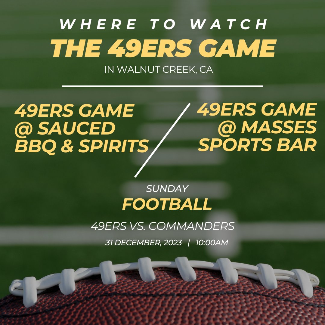 lightupsocial_'s tweet photo. Kickoff calls for company 🏈

Looking for a spot to watch the 49ers v Commanders game tomorrow in Walnut Creek? Here are a few local hotspots:

👉 Sauced BBQ &amp; Spirits
👉 Masses Sports Bar &amp; Grill
👉 Dan's Irish Sports Bar

#Football #NFL #sportsbars #friendships #socialapp https://t.co/NESWJtGwwo