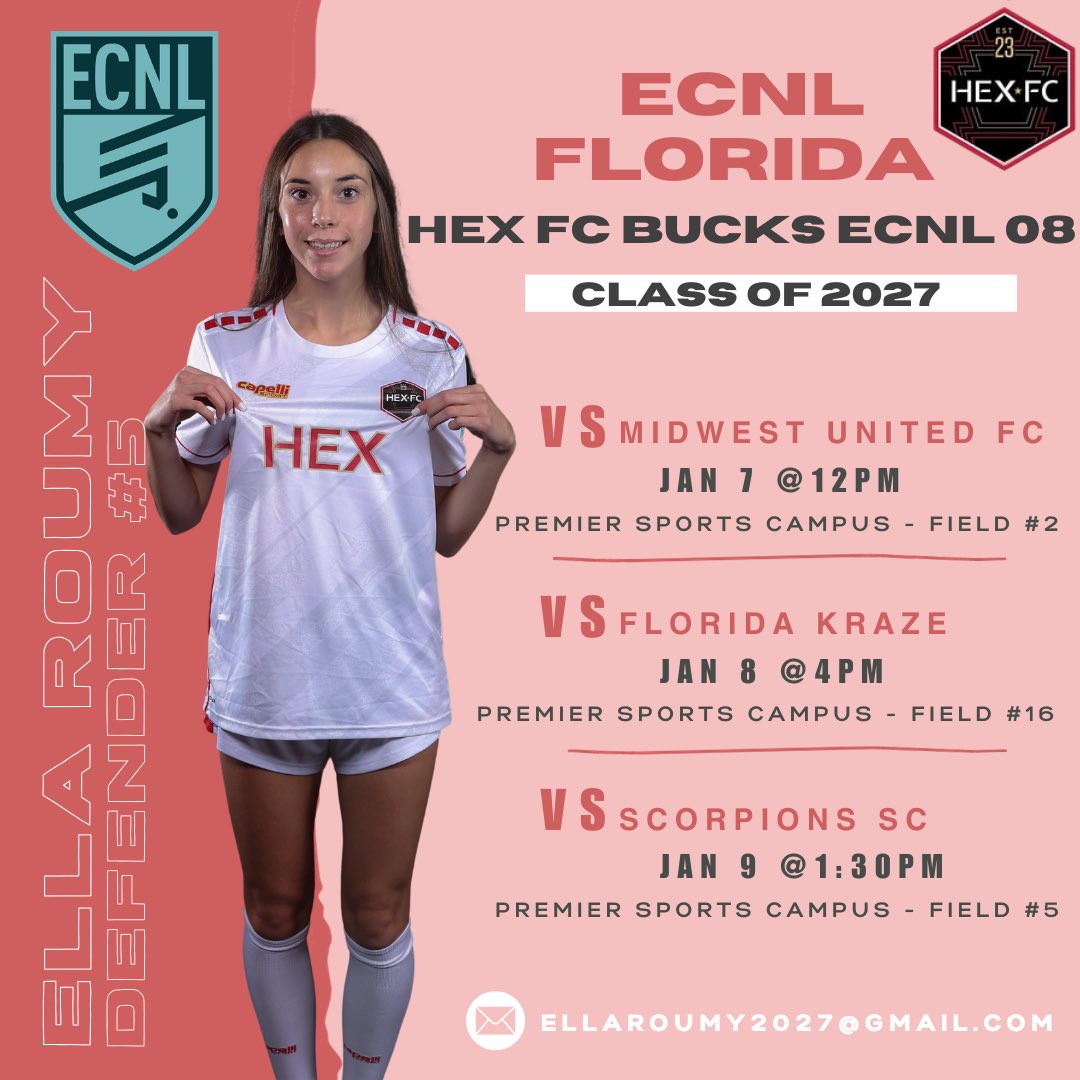 ellaroumy's tweet photo. One week till take off!✈️ Can’t wait for #ECNLFL showcase!🌴 Come watch us compete! Here is my schedule⬇️ @ECNLgirls @HEXFC23 @ImCollegeSoccer @ImYouthSoccer @SoccerMomInt @TheSoccerWire @TopDrawerSoccer @PrepSoccer @WSOCRecruits https://t.co/avK7QxptTV