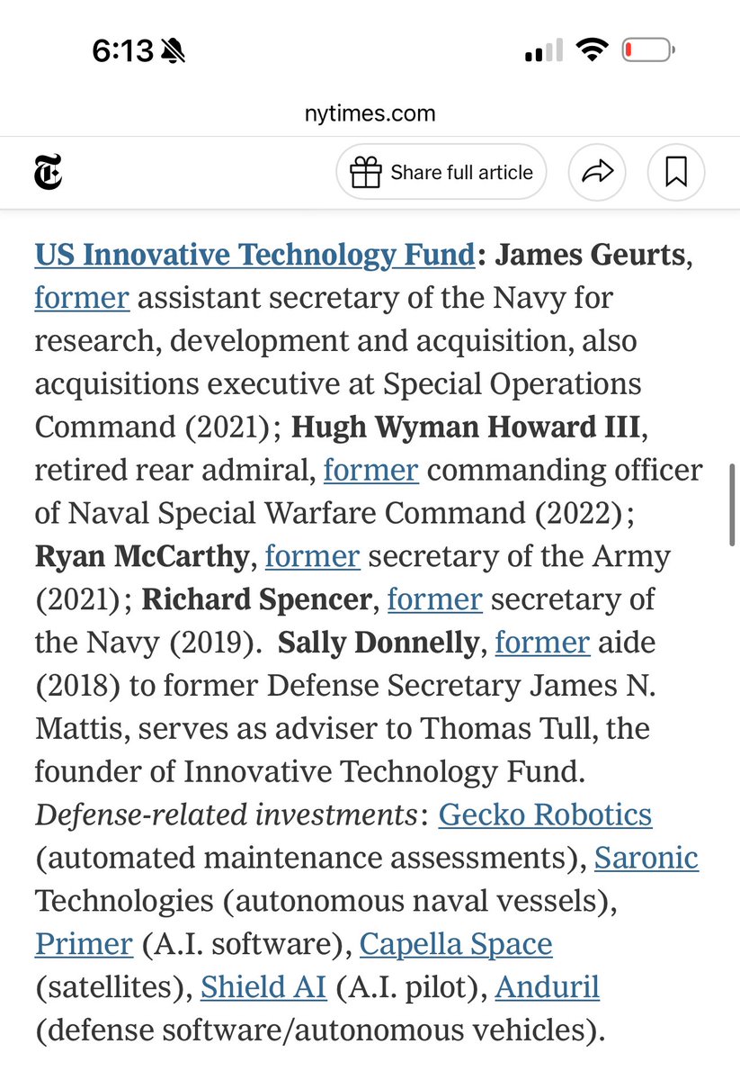 A New York Times EXPOSÉ of VC firms who have either HIRED military veterans or who have been FOUNDED by military veterans to invest in technology that works better, credibly deters war, and costs less for the US taxpayer. 

Congrats to everyone who made the list! 🇺🇸🥂