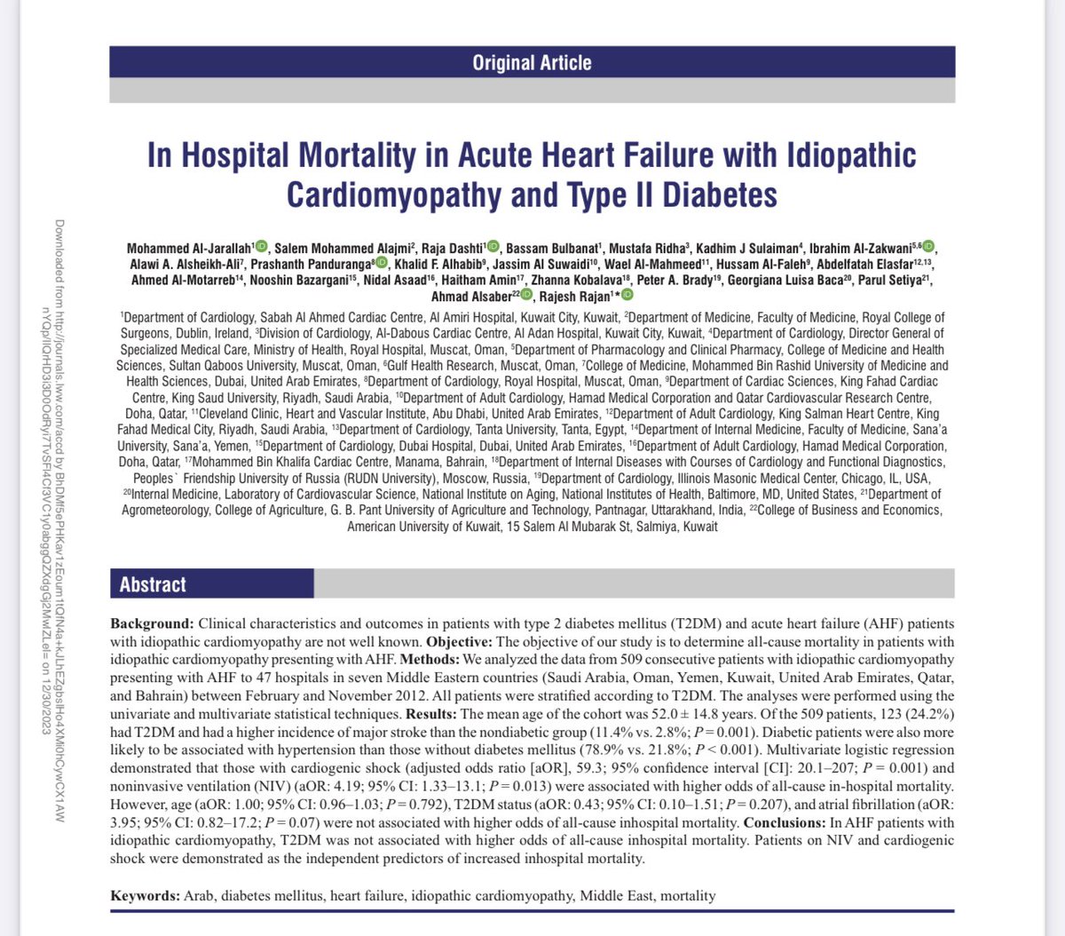 AHF + idiopathic cardiomyopathy, T2DM was not associated with higher inhospital mortality📌journals.lww.com/accd/fulltext/…📌 @gokselcinier @Hragy  @HanCardiomd @TKDsosyal @cerol191 @EvrimSimsek2 @mertilkerh @Drersoy84  @emraherdoganmd @OzanGrsoy6 @mirvatalasnag @mmamas1973 @dilek_g_ural