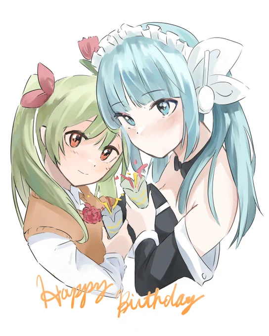 友人のしきさんから素敵なバースデーイラストを頂きました!メイちゃんと私が描いてるはなおとめのりっちゃんですね!すごく可愛いです～!ありがとうございます!#300年魔導具#はなおとめ 