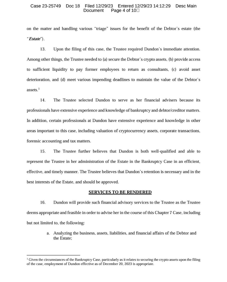 #SAFEMOON Bankruptcy update.

Ellen E. Ostrow (trustee) is requesting to hire Dundon Advisers LLC to assist her with the estate.

Dundon Advisers is best known for client solutions regarding class actions, media/entertainment, cryptocurrency/blockchain, energy, agriculture, and