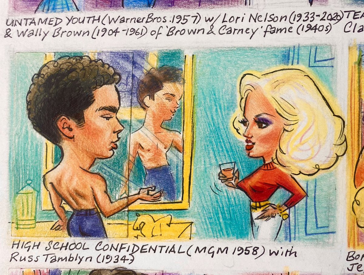 Happy Birthday to Russ Tamblyn (1934-). Movies incl West Side Story(1961) & Peyton Place (1957) - & High School Confidential (1958) with Mamie Van Doren; ‘detail’ from my film cartoon tribute to be published in Mamie’s memoirs. #RussTamblyn #MamieVanDoren