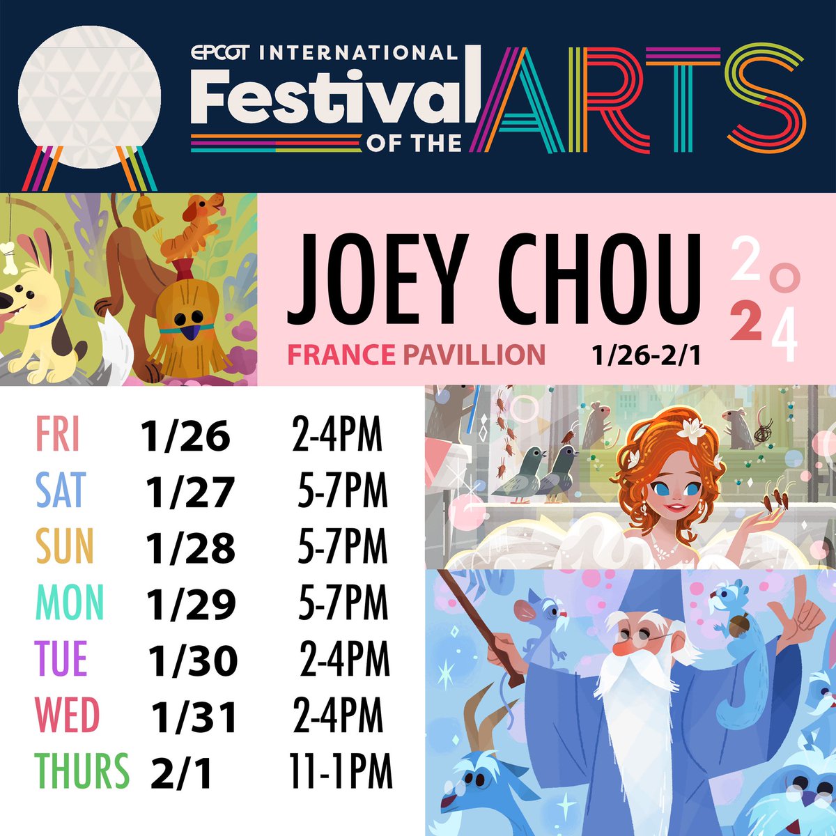 Excited to be back at #EPCOT International Festival of The Arts in 2024! hope to see you guys there! I will be signing at the France Pavillion at the world showcase. Fri 1/26 2-4pm Sat 1/27 5-7pm Sun 1/28 5-7pm Mon 1/29 5-7pm Tues 1/30 2-4pm Wed 1/31 2-4pm Thurs 2/1 11-1pm