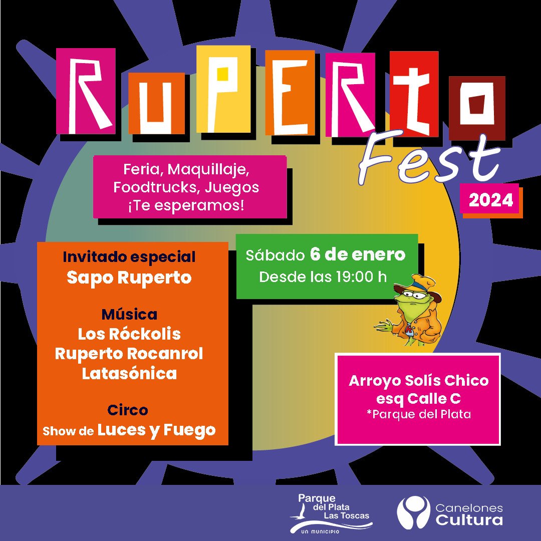 Les invitamos ana n un clásico del verano! Ruperto Fest, un Festival de música dedicado a las infancias

📣 Los Róckolis
📣 Ruperto Rocanrol 
📣  <a href="/LATASONICA/">Latasónica</a>
Show de luces y fuego, Sapo Ruperto y MÁS 

6 de enero, 19 h
Arroyo Solis chico y Calle C

<a href="/CanelonesCultur/">Canelones Cultura</a>
#rupertofest