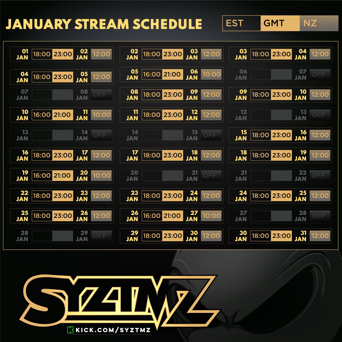 syztmz's tweet photo. January Stream Schedule!

Every day throughout January, if you clip something from my stream, and it gets posted on socials, I’ll send you $100 live on stream.

It will be luck of the draw if multiple people clip the same thing. https://t.co/0K14SK5ctz