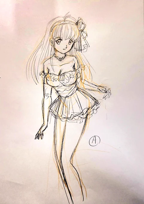 大晦日に ナニヲヤッテルンダ  いやそのF崎詩織のパーティードレスを描いてみるかでゴニョゴニョしてたら、ラフが3つになっちゃった。  どれか一つ、カラーにしてみよう。