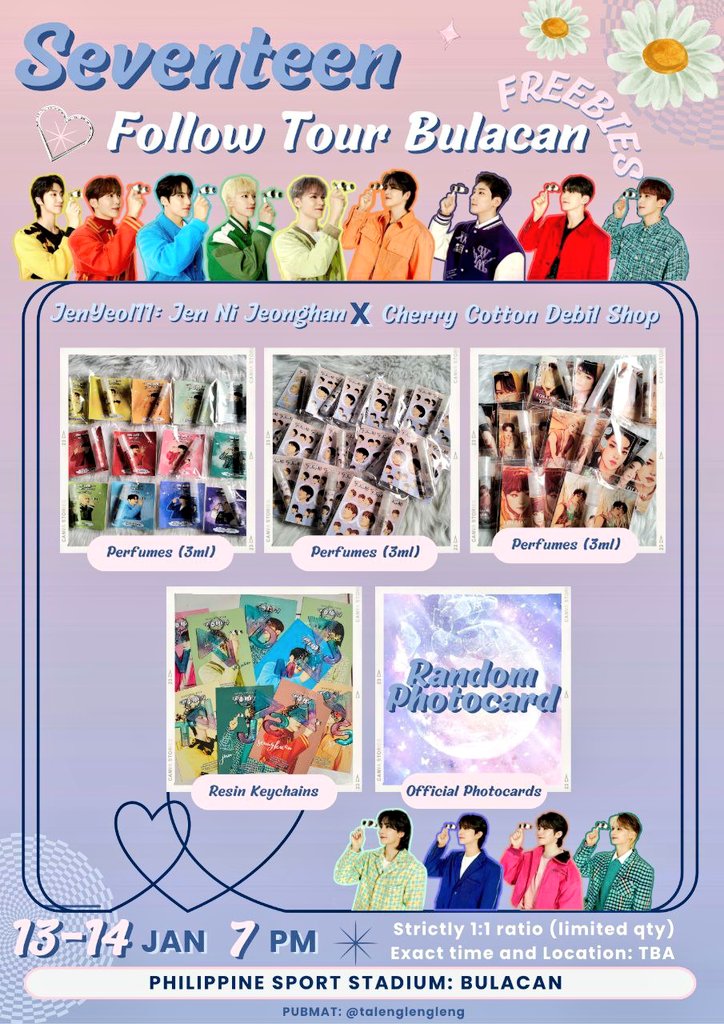 JenYoon1004's tweet photo. ✨FOLLOW TO BULACAN FREEBIES✨

A fan support by 
JenYeol11 : Jen Ni Jeonghan
and Cherry Cotton Debil Shop 

✨When: January 13 & 14 
✨Where: TBA 
*will also give to random con goers at VIP GOLD B and BLEACHERS PREMIUM 1

💎Limited quantity (1:1)
💎 RT AND LIKE this tweet
💎 Show me this tweet on the DDay 
💎Not open for trades , since the items are in limited qty only 🥺
💎 No advance reservation 
💎 You can also Follow our shop @CCDebilShop (optional 🥹)

#SEVENTEEN #세븐틴 #SEVENTEENinBULACAN #SVT_TOUR_FOLLOW  #FOLLOW_TO_BULACAN