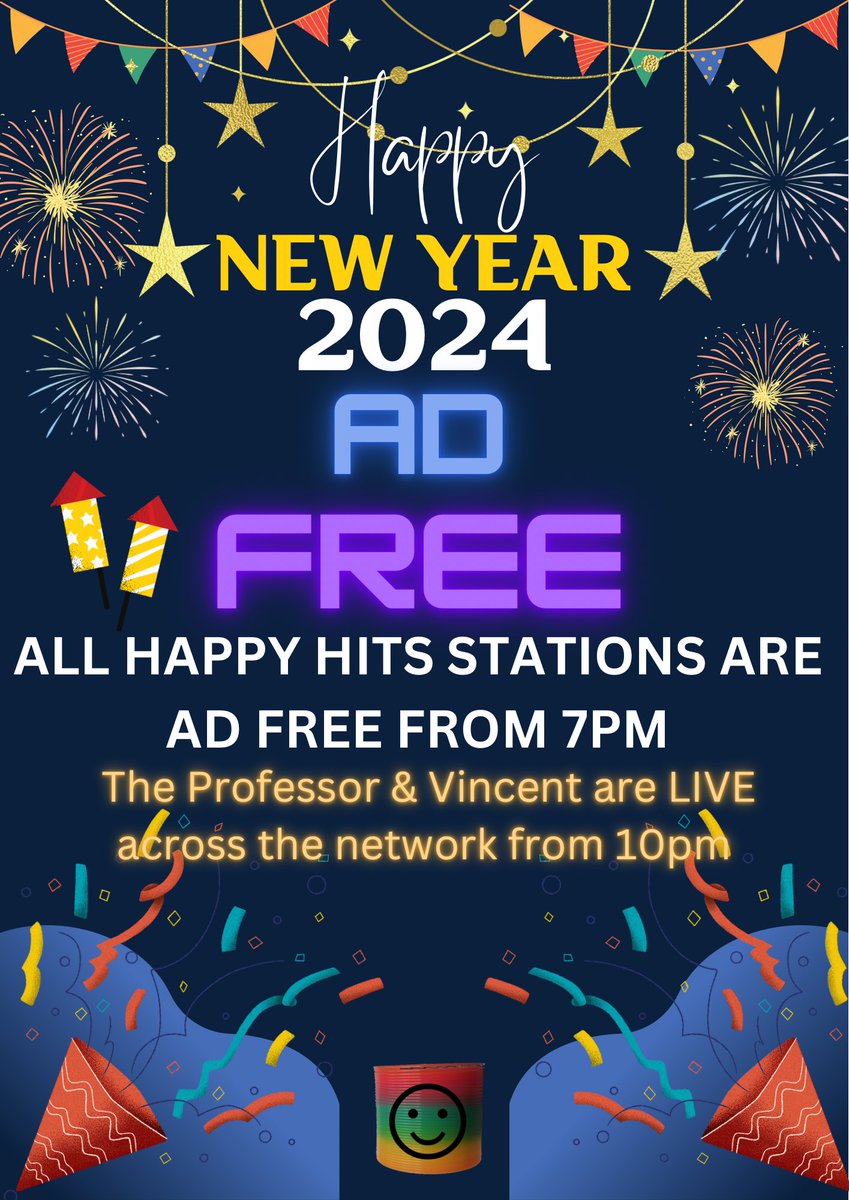 happyhitsuk's tweet photo. What are you doing this #NYE ? - Don’t so it in silence! We’re ad-free from 7pm across all our stations and then The Professor &amp; Vincent are LIVE from 10pm to see us into the new year! 🥳 https://t.co/u805vqLL93