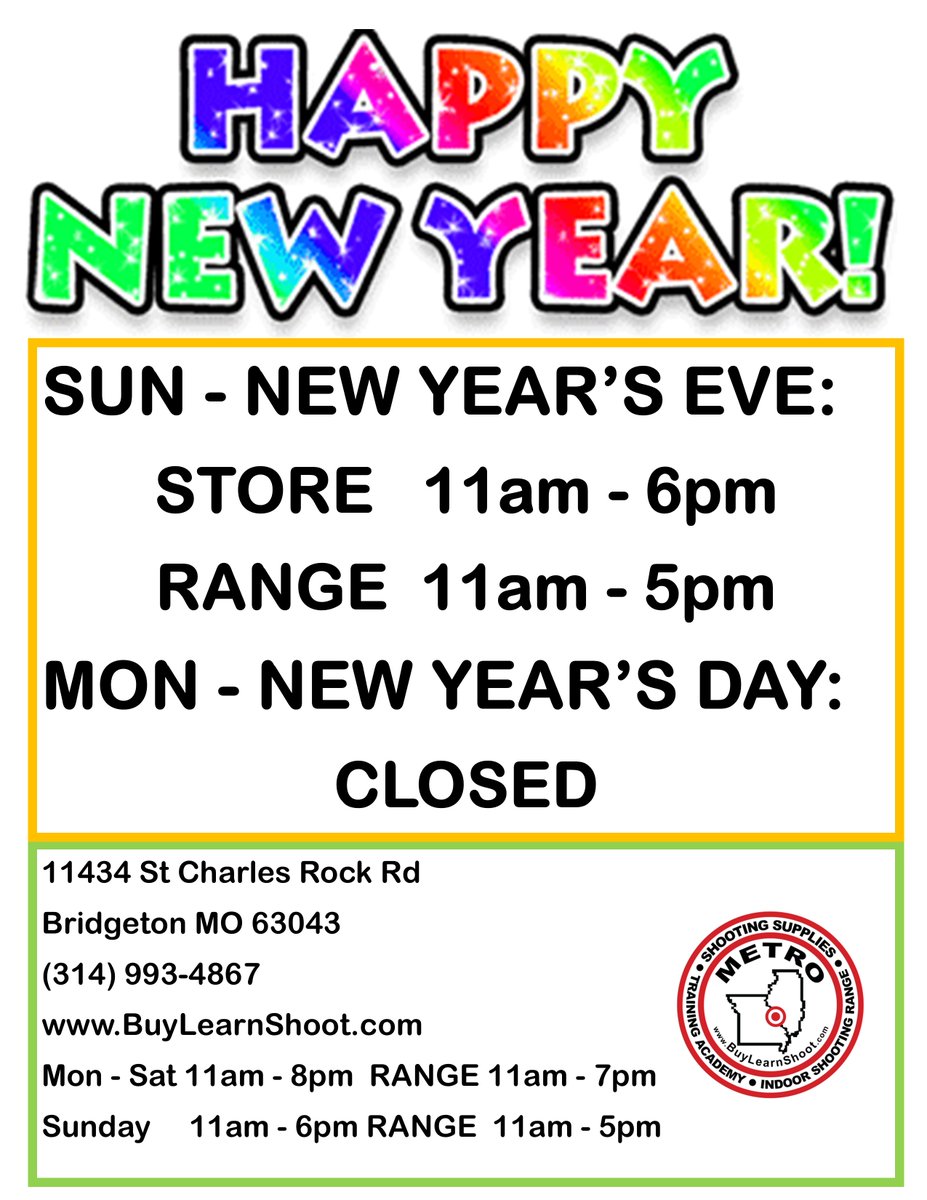 OPEN TOMORROW! 11A - 6P
CLOSED MONDAY.
#newyear #newyearseve #opennewyearseve #holidayseason #ammoinstock #largeinventory #stlshootingrange #pewpew #indoorshootingrange #seeourgunshow