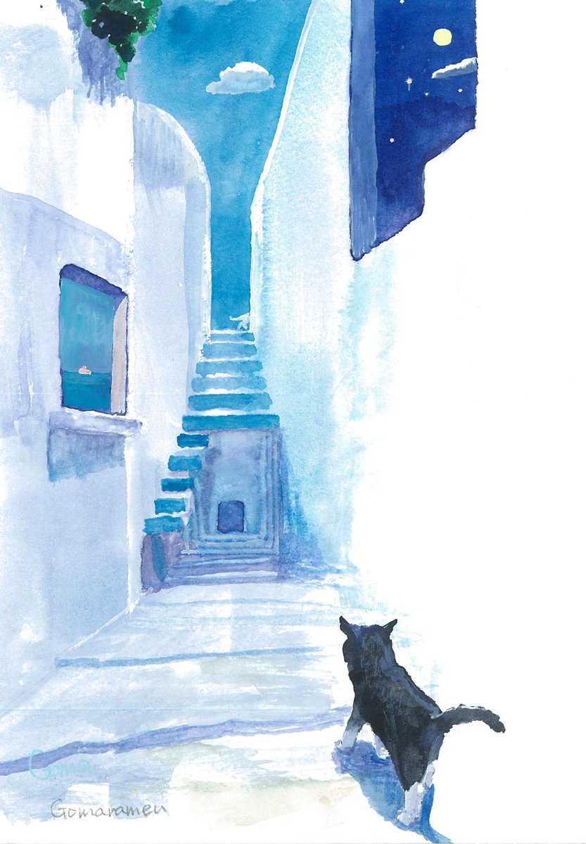 no humans cat black cat stairs sky scenery traditional media  illustration images