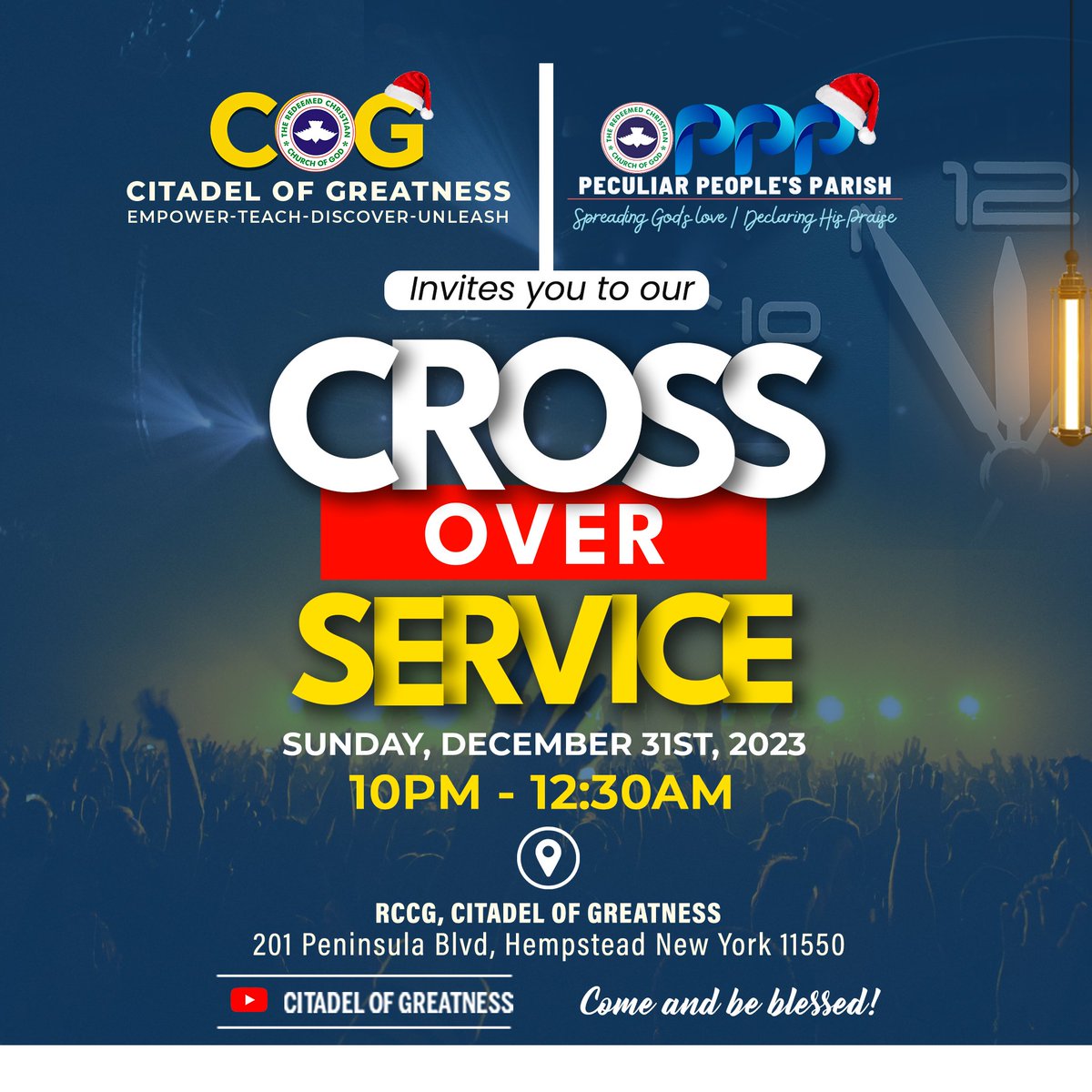 RCCGCOG's tweet photo. You are invited to our Cross Over Service...

Join us on Sunday evening by 10pm to fellowship in one accord even as we cross over to the new year.

#rccg #redeemchurch #rccgcog #remi #oshikanlu #crossover #2023 #sunday #december #church #jesus #fellowship #hemsptead https://t.co/76uRjNQj6e