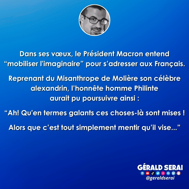 GeraldSerai's tweet photo. #bfn #breakingfakenews #humour #brèves #actualité #macron #voeux #mobiliserlimaginaire #misanthrope #philinte #termesdélicats
Abonnez-vous ! https://t.co/mHdKUajbfb