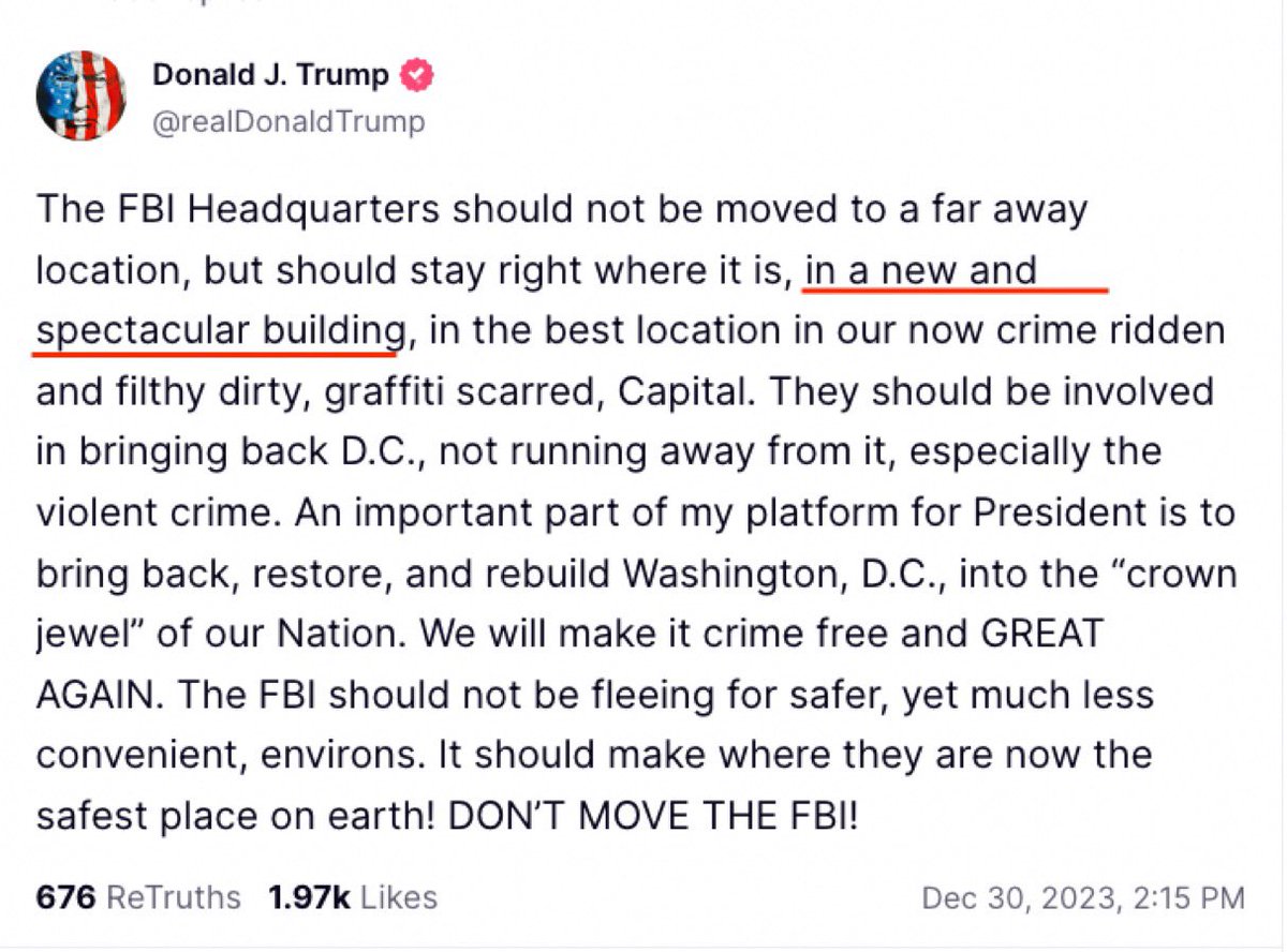 chiproytx's tweet photo. There is one thing the FBI definitely does NOT deserve: a “new and spectacular building” courtesy of the taxpayers they’ve been targeting.  You know who gets this? @RonDeSantis #DeSantis2024 https://t.co/wdnOklnaWl