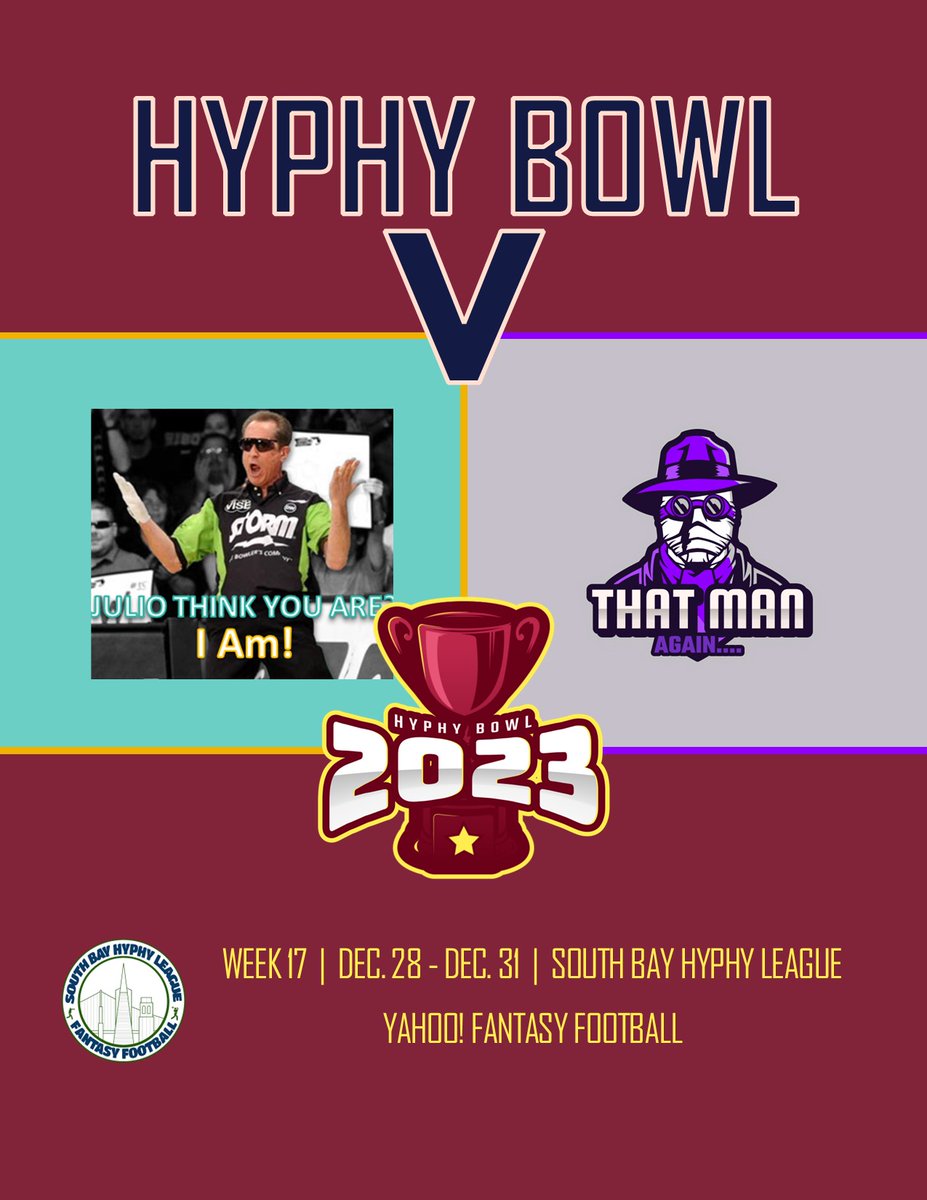 SBHyphyLeague's tweet photo. The 5th Hyphy Bowl for the SBHL is underway. A rematch of Hyphy Bowl III, ThatManAgain.... against Julio Think You Are? I Am! Find out this week on the Yahoo! FF App.

#sbhl https://t.co/7o71yRFUzs