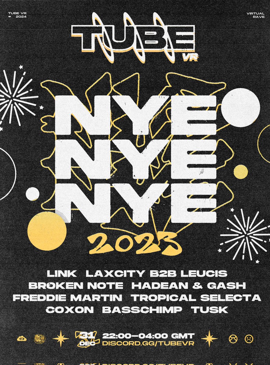 TUBEVRCLUB's tweet photo. TUBE NYE EU tomorrow!
22:00 GMT

Join via the TUBE VRC group. 

@letsLINKmusic
@laxcitymusic b2b @LeucisVRC
@_BrokenNote
@HadeanUK &amp; Gash
Freddie Martin
@TropicalSelecta
Coxon
@Basschimp
Tusk

#vrchat #vr #VirtualReality #vrchatnye https://t.co/XjagEVXebl