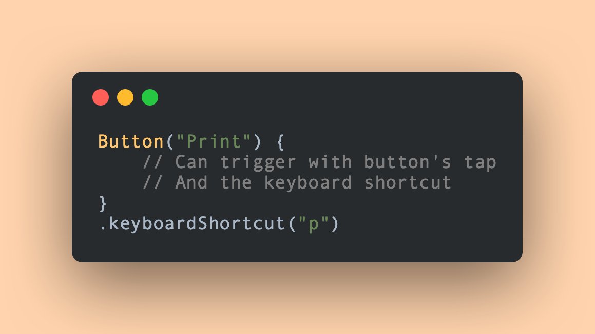 We can add a keyboard shortcut to any SwiftUI controls by using the keyboardShortcut() modifier on that control.

sarunw.com/posts/swiftui-…