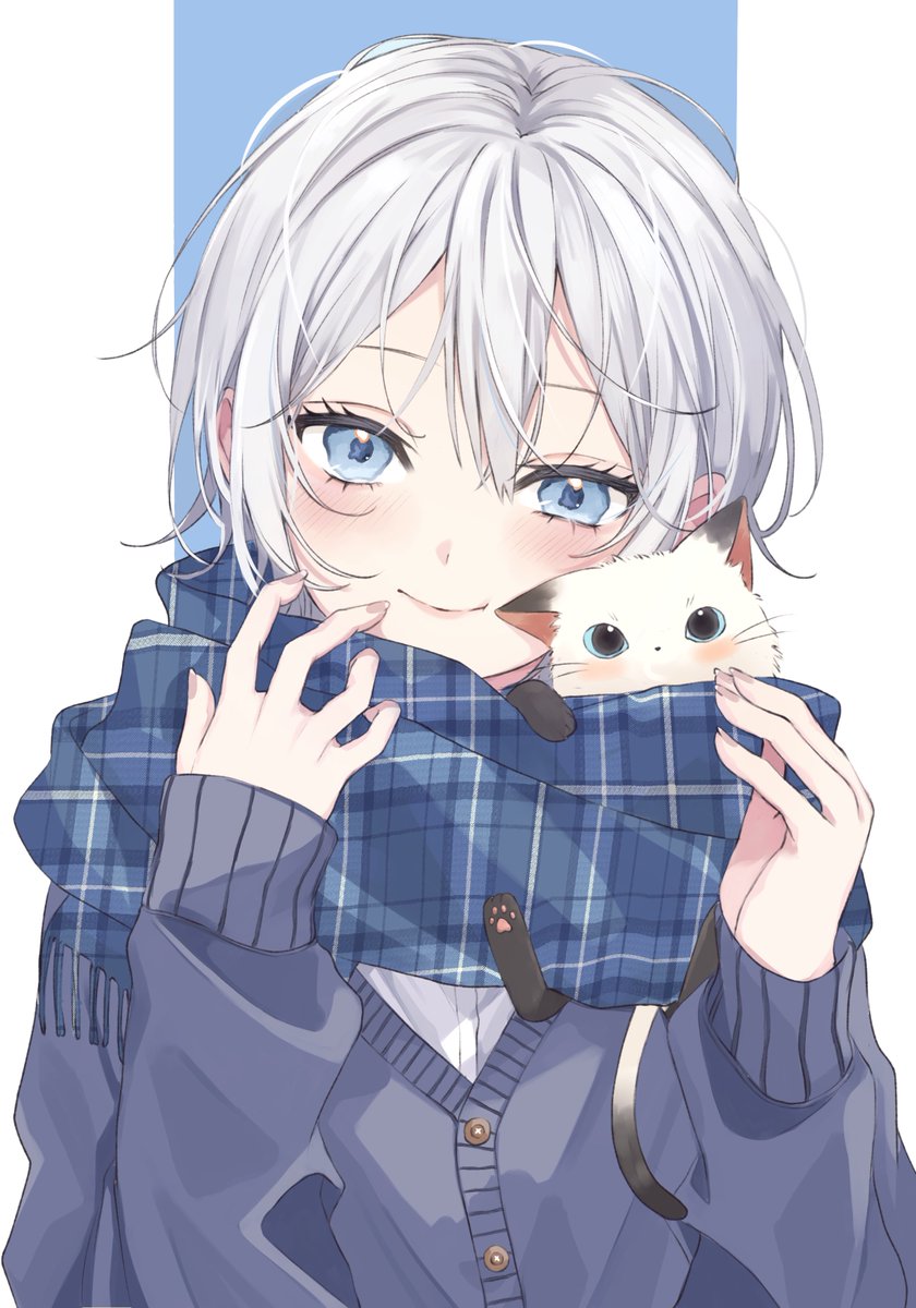 solo looking at viewer short hair 1girl sleeves past wrists grey hair sweater  illustration images