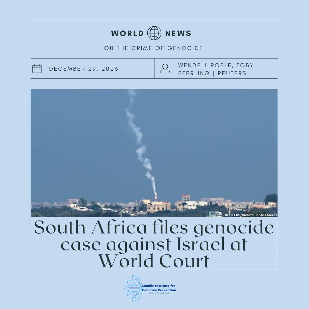 LemkinInstitute's tweet photo. The @LemkinInstitute strongly supports #SouthAfrica's decision to launch a case at the @cij_icj accusing Israel of genocide in Gaza. We encourage all nations and institutions to join forces to bring an end to the #genocideingaza and fight the impunity that allows genocide to happen again, and again, and again.

To read the full article by Wendell Roelf and @lbsterling , you can visit https://t.co/6DhXZIrDCx