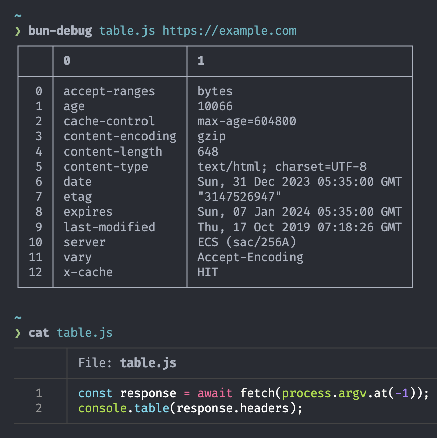 jarredsumner's tweet photo. kinda cool that console.table(response.headers) worked https://t.co/tGtyHYFPSr