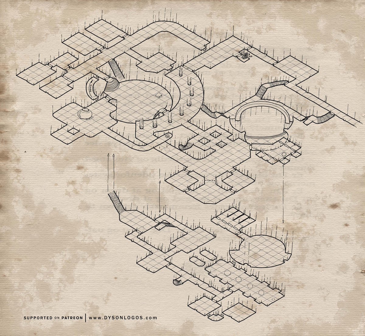 DysonLogos's tweet photo. Three versions of the Xanathar's Lair that I drew - the original pencil sketch, the ink &amp; paper version that appeared in Dragon Heist (c) WotC, and a more recent isometric projection I drew a couple of years ago. https://t.co/pjv1GKrBgu
